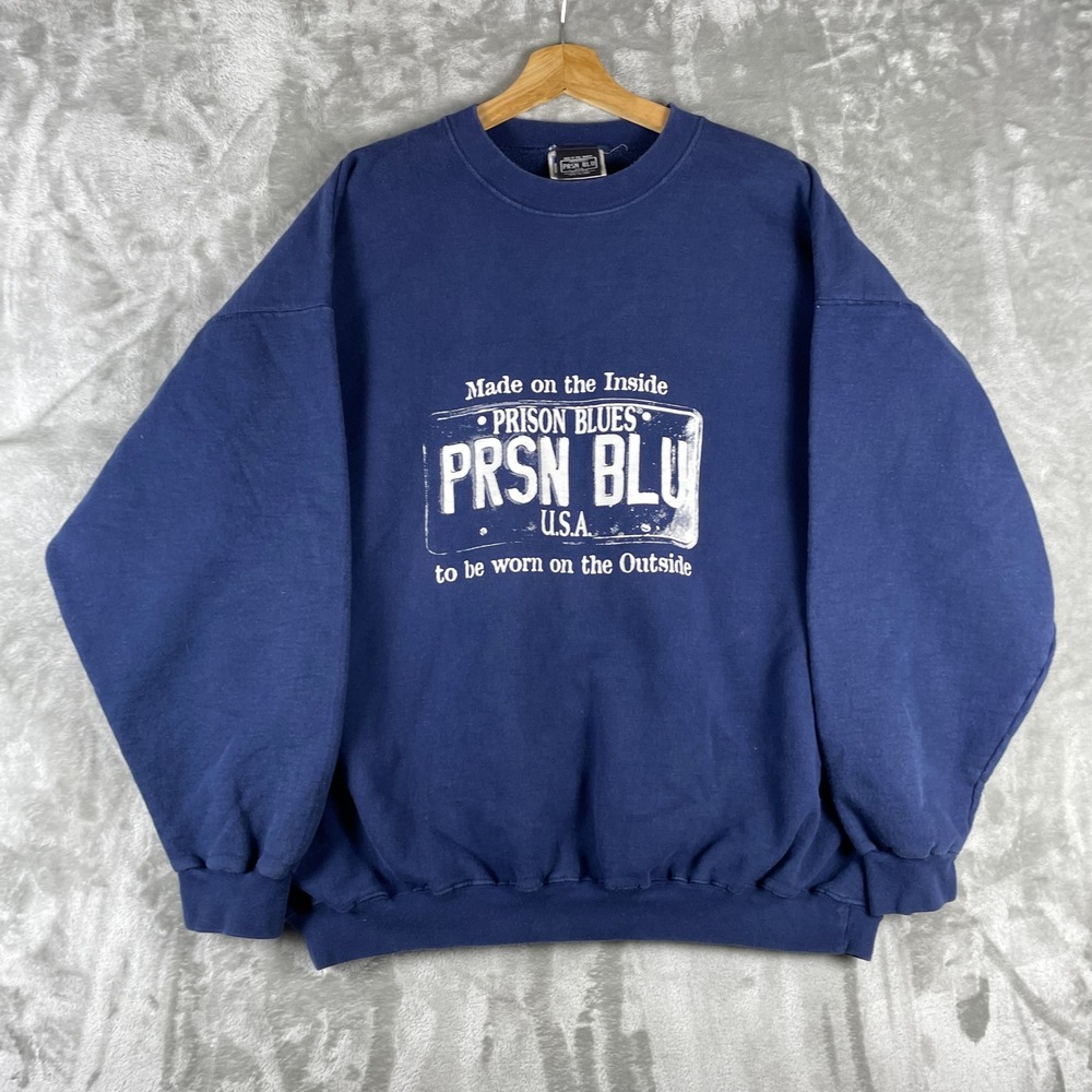 Vintage Prison Blues Sweatshirt Mens 2XL Blue PRSN BLU Graphic Hanes USA 90s